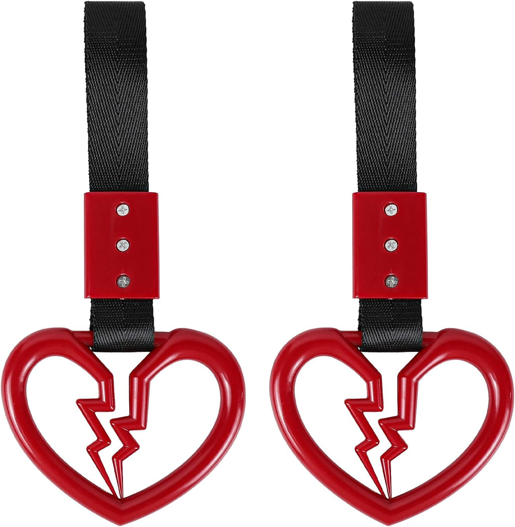 Wuyaoyao 2PCS Broken Heart Handle Ring for Car, Heart Shaped Handle Straps, Hand Strap Grab Handles Hang Ring for Car Bus Subway, Drift Charm Rear Bumper Warning Interior Decoration (Red)