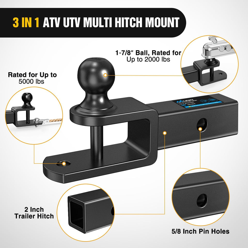 Nilight 3 in 1 ATV UTV Multi Hitch Mount with 2 Inch Receiver 1-7/8 inch Ball Hitch Rated 2000 LBS Winch Strap Loop Rated 5000 LBS
