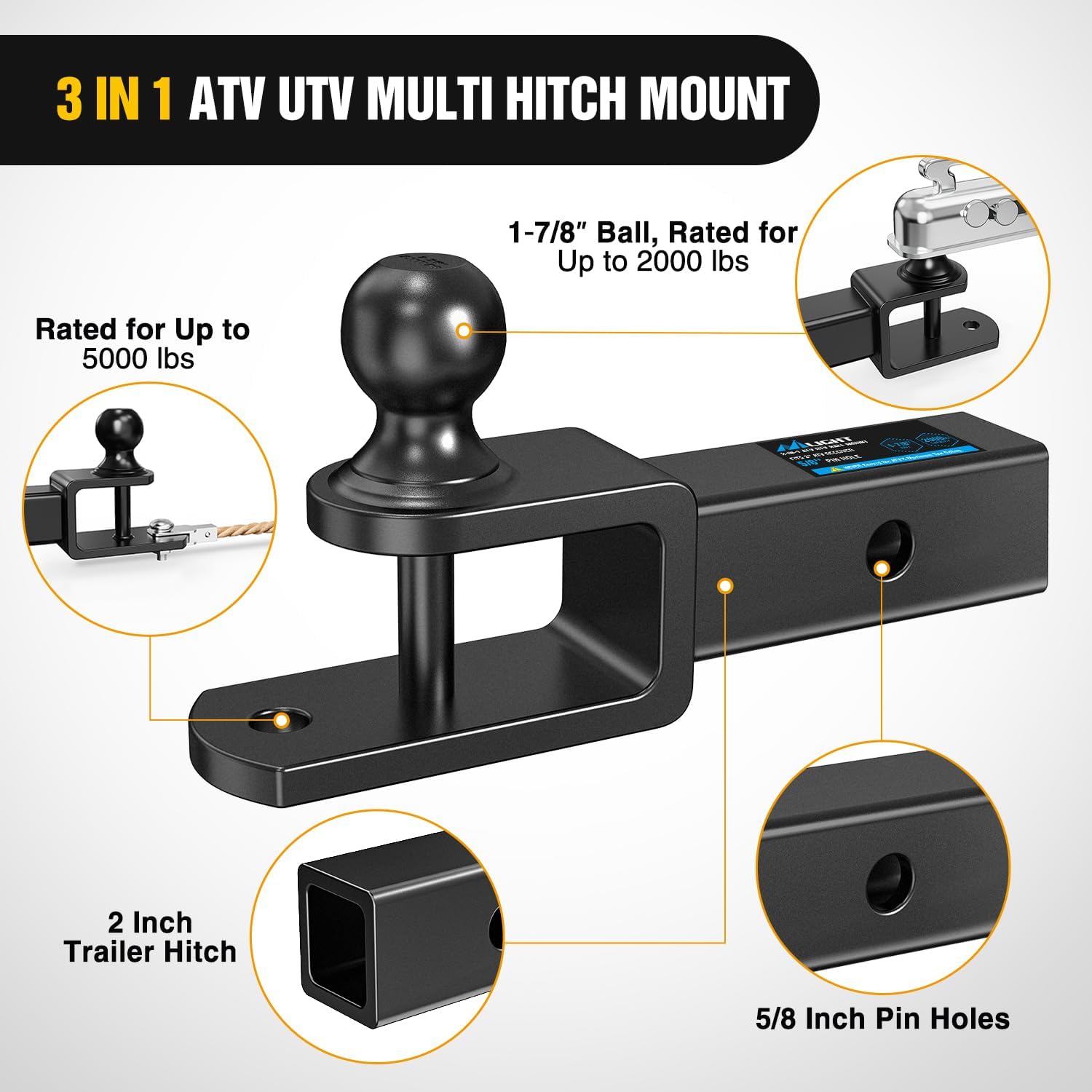Nilight 3 in 1 ATV UTV Multi Hitch Mount with 2 Inch Receiver 1-7/8 inch Ball Hitch Rated 2000 LBS Winch Strap Loop Rated 5000 LBS