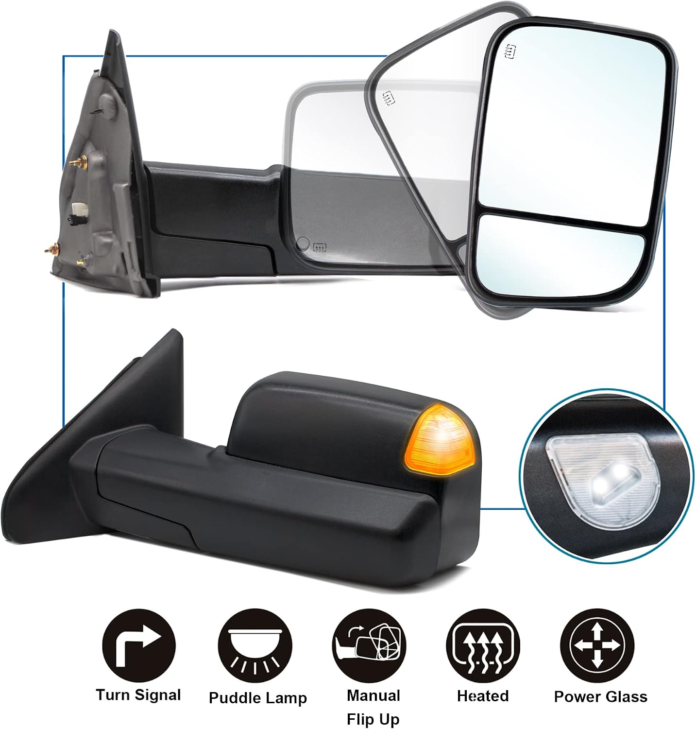 Towing Mirrors fit for 02-08 Dodge Ram 1500, 03-09 Dodge Ram 2500 3500 | Power Heated Turn Signal Puddle Light Manual Folding