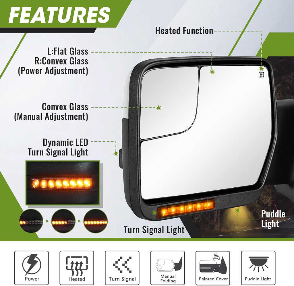 Side Mirrors for 2004-2014 Ford F-150 with Dynamic Turn Signal Puddle Light Heated Power Glass Manual Folding Tow Mirrors- Pair(Painted White)