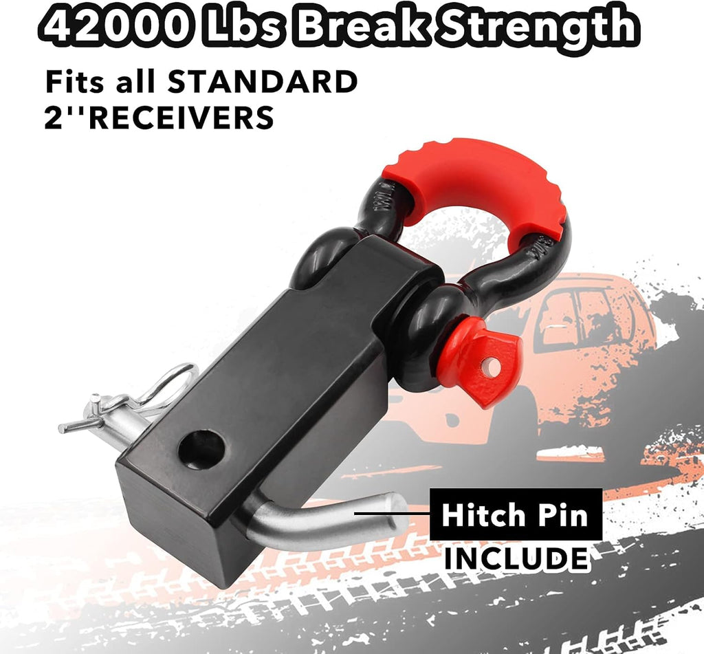Shackle Hitch Receiver, 2 inch 42000 Lbs Maximum Break Strength, Solid with 3/4'' D Ring, Heavy Duty Towing Hitch Receivers, Never Rust, Best Towing Accessories for Vehicle Recovery Off-Road