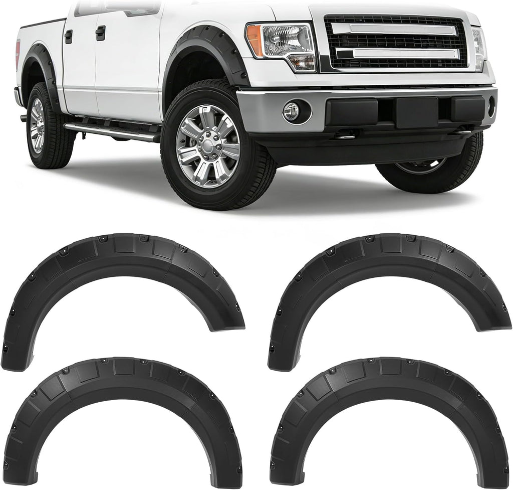 Fender Flares Compatible with 2009-2014 Ford F-150 | Styleside Bed 67.0"/78.8"/97.4", Excludes Platinum & Raptor Models, Pocket Rivet Style, Textured Black, 4PCS