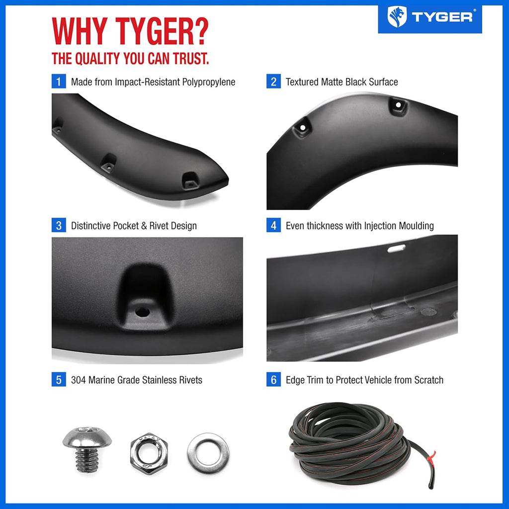 Tyger Auto Fender Flare Compatible with 2002-2008 Dodge Ram 1500; 2003-2009 2500 3500 (Not Fit 06-09 8ft Bed Models), Fine-Textured Black Paintable Bolt-Riveted Style 4pc | TG-FF8D4078