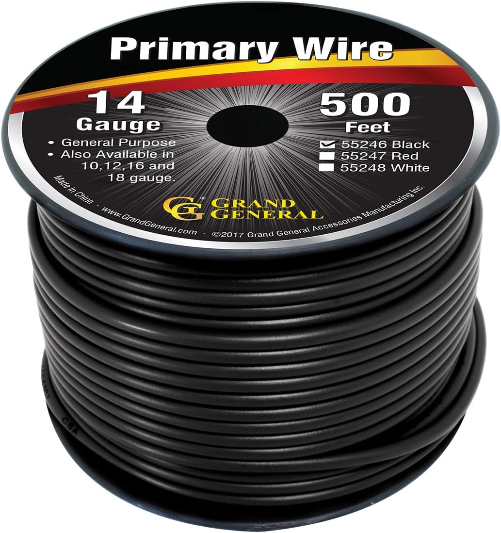 Grand General 55246 Primary Wire 500ft Roll (with Spool for trucks, automobile and more, Black)