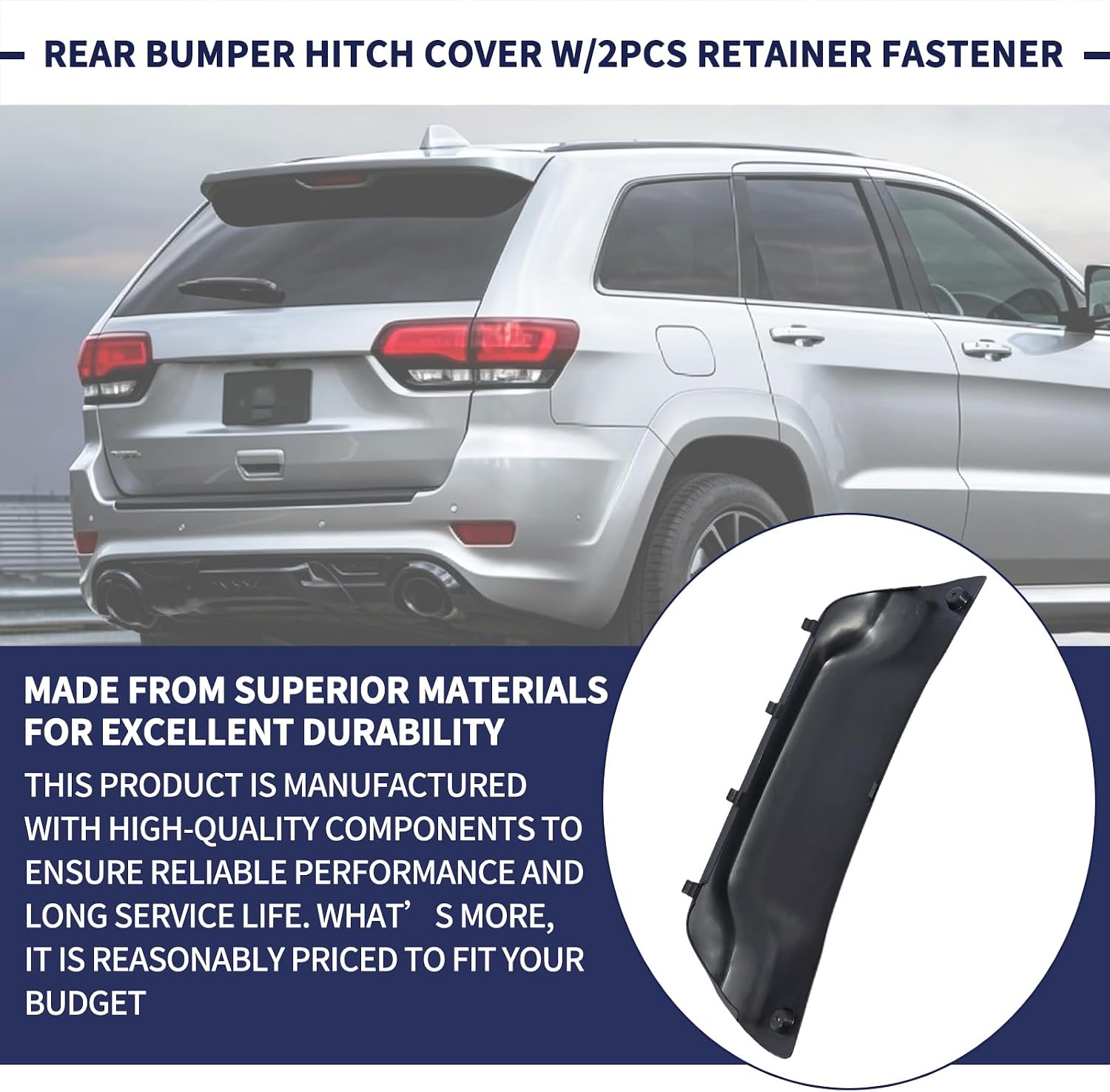 68157472AA Rear Trailer Tow Hitch Cover W/2Pcs Retainer Fastener Fit for Jeep Grand Cherokee SRT 2012-2021 Bumper Trailer Hitch Panel Trim Bezel 68158192AA 68158193AA
