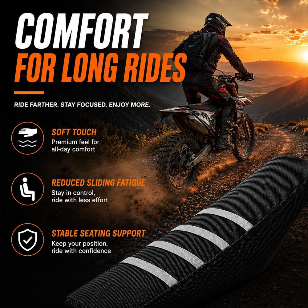 Staple-Free Seat Cover for Yozma IN10 / IN10 Pro, Striped Non-Slip Waterproof Motorcycle Cushion Cover, Elastic Anti-Slip Saddle Protector Replacement for Electric Dirt Bike Ebike (White)