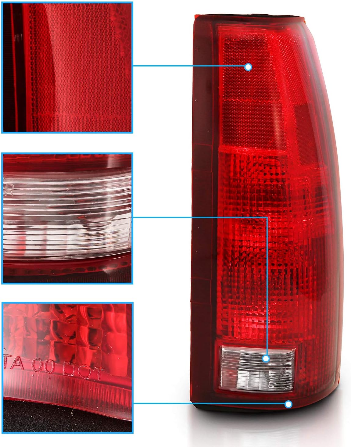 AmeriLite for 1988-2000 Chevy GMC C/K Silverado Sierra Truck Tahoe Suburban OE Red Replacement Halogen Tail Lights Pair + Bulb Connector Plate - Passenger and Driver Side