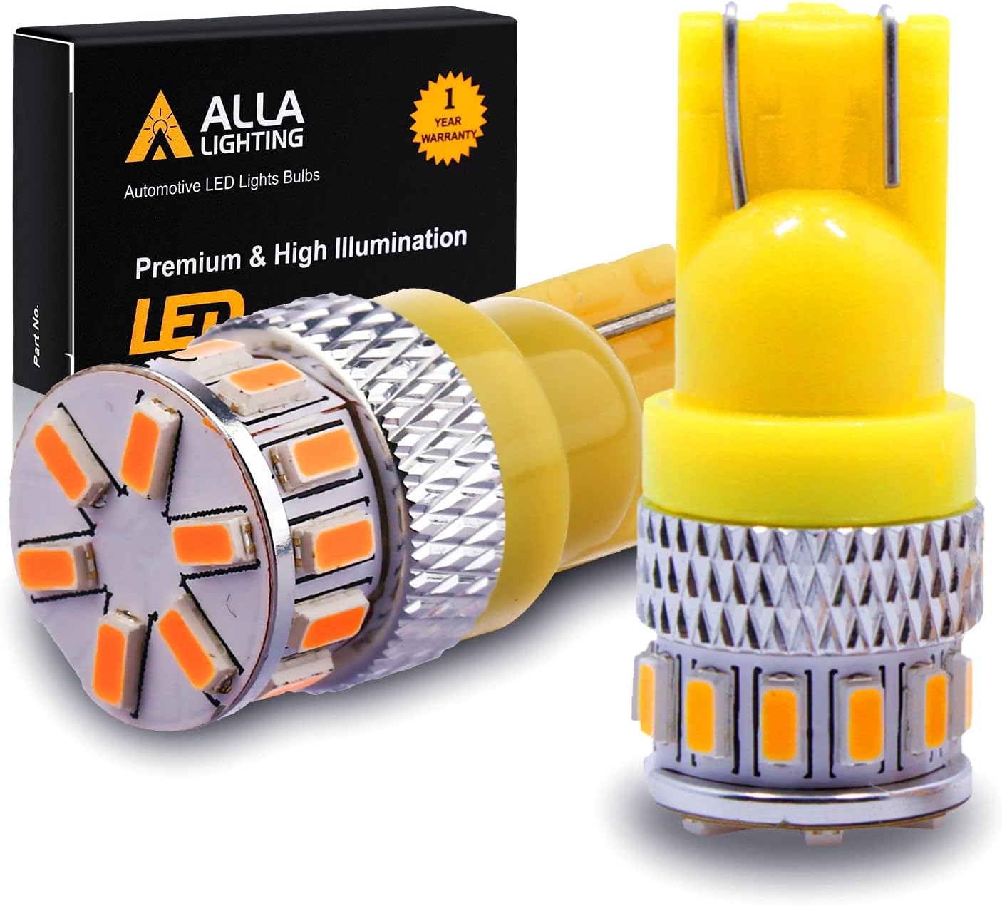 Alla Lighting T10 Wedge 168 194 LED Bulbs, Amber Yellow Super Bright 360° Side Marker Lights, Interior Map, Dome, Trunk Lamps W5W 2825 175, 3014 18-SMD 12V Replacement for Cars, Trucks