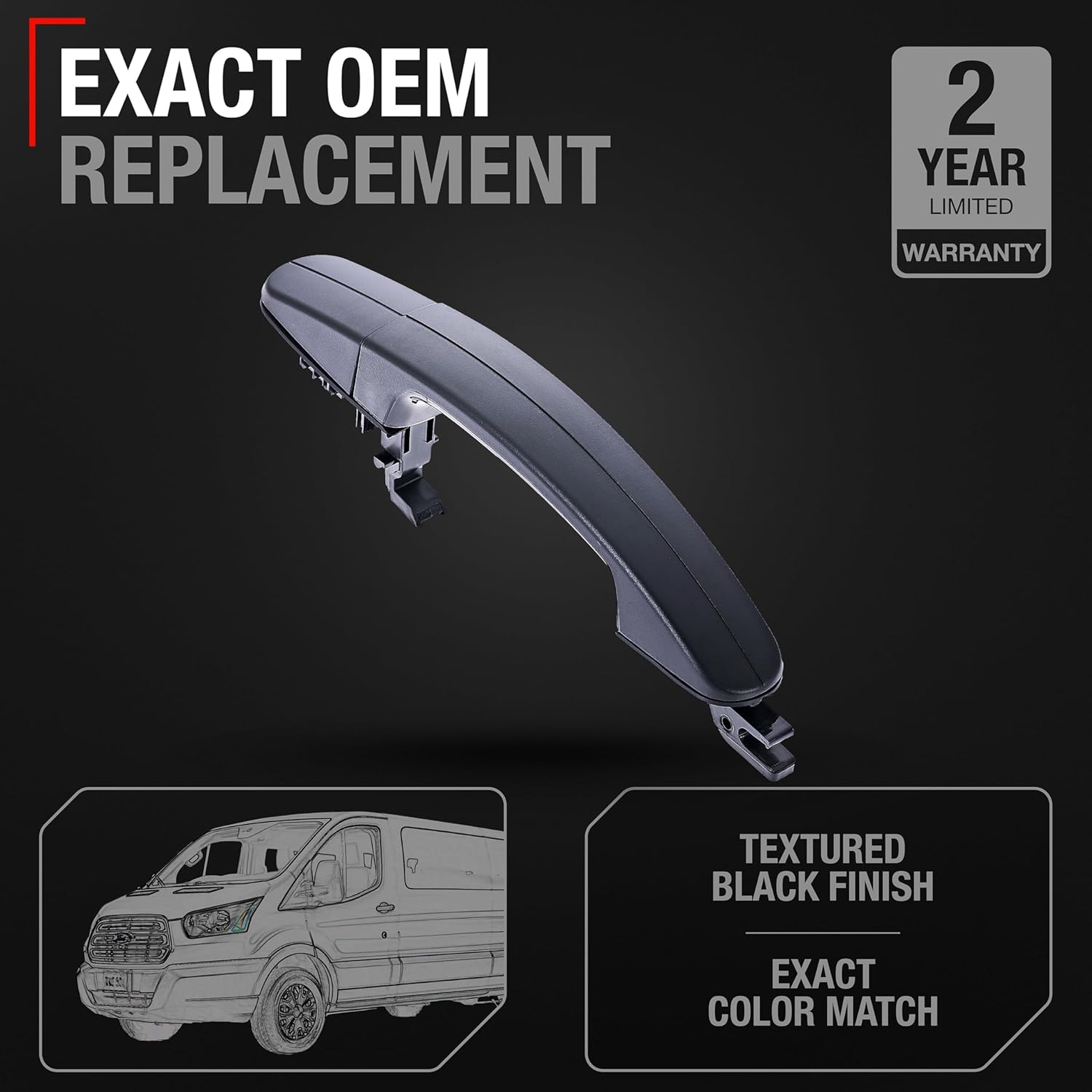 T1A Exterior Rear Passenger Sliding Door Handle Replacement - Compatible with 2015-2023 Ford Transit - Textured Black, Plastic - OEM BK2Z-6126604-A, BK2Z-61218B08-A, 97699