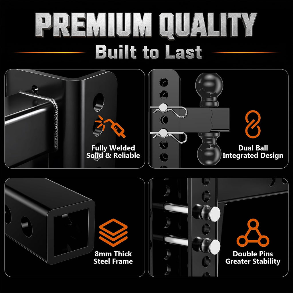 adjustable trailer hitch, fit 2 in receiver, 6 showing dimensions