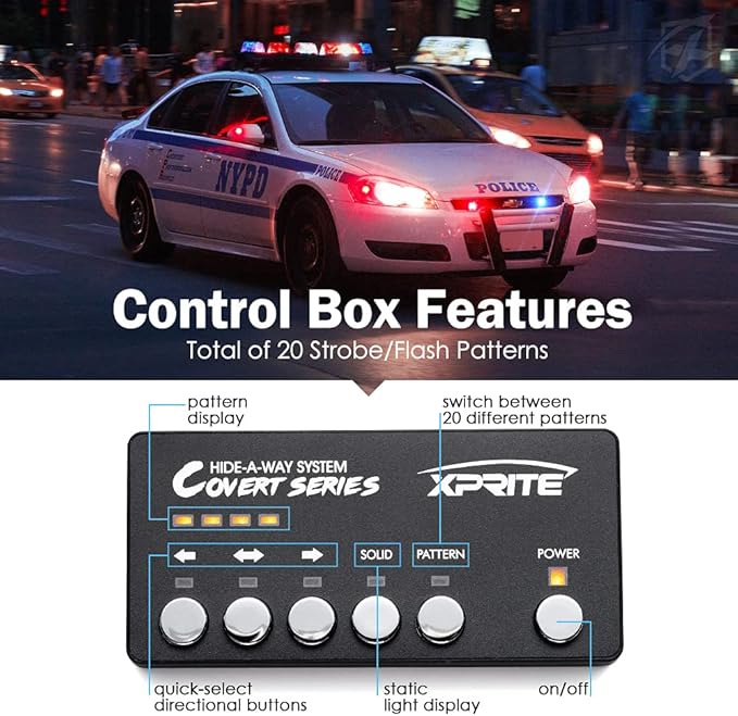 Xprite Red Blue LED Hideaway Strobe Police Lights Kit, 20 Flashing Patterns - Image 4