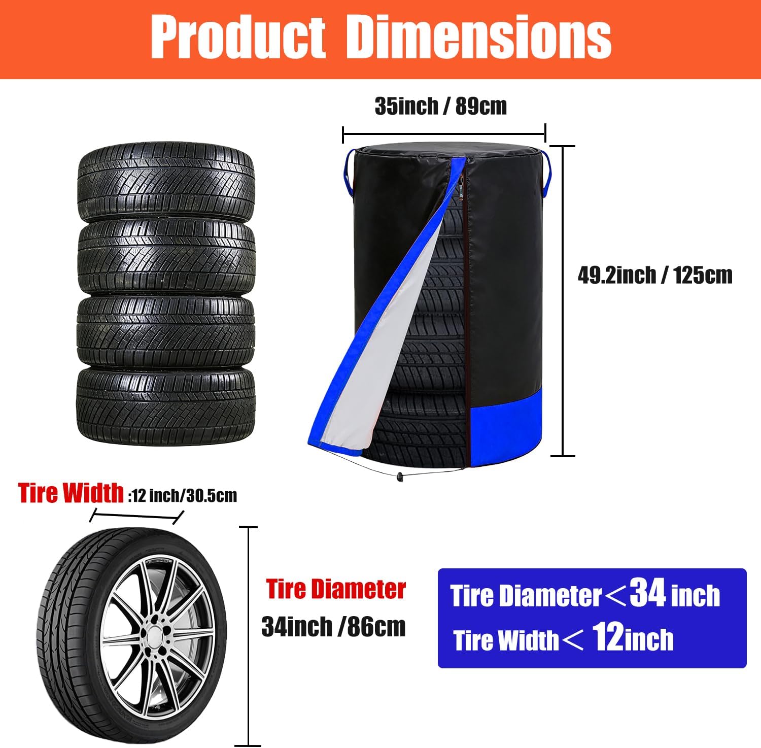 Waterproof Tire Storage Cover – Dust-Proof, Universal Tire Stack Cover for Up to 35" Diameter Tires | Black/Blue Two-Tone Design
