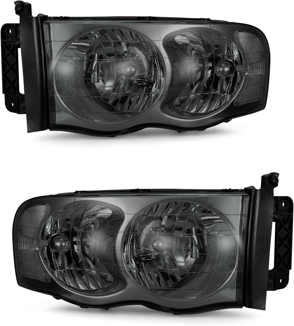 Headlight Assembly for 2002-2005 Dodge Ram 1500 | 2003-2005 Ram 2500/3500 Smoke Housing Clear Reflector Clear Lens Headlamp Replacement Driver and Passenger Side