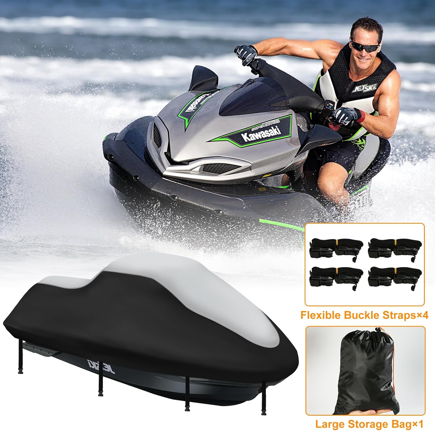 Jet Ski Cover 3 Seater,Upgraded 420D Heavy Duty Waterproof Waverunner Cover,2 Air Vent Marine Grade UV Resistant for Waverunner Polaris from 116" to 125"(Silver Black)
