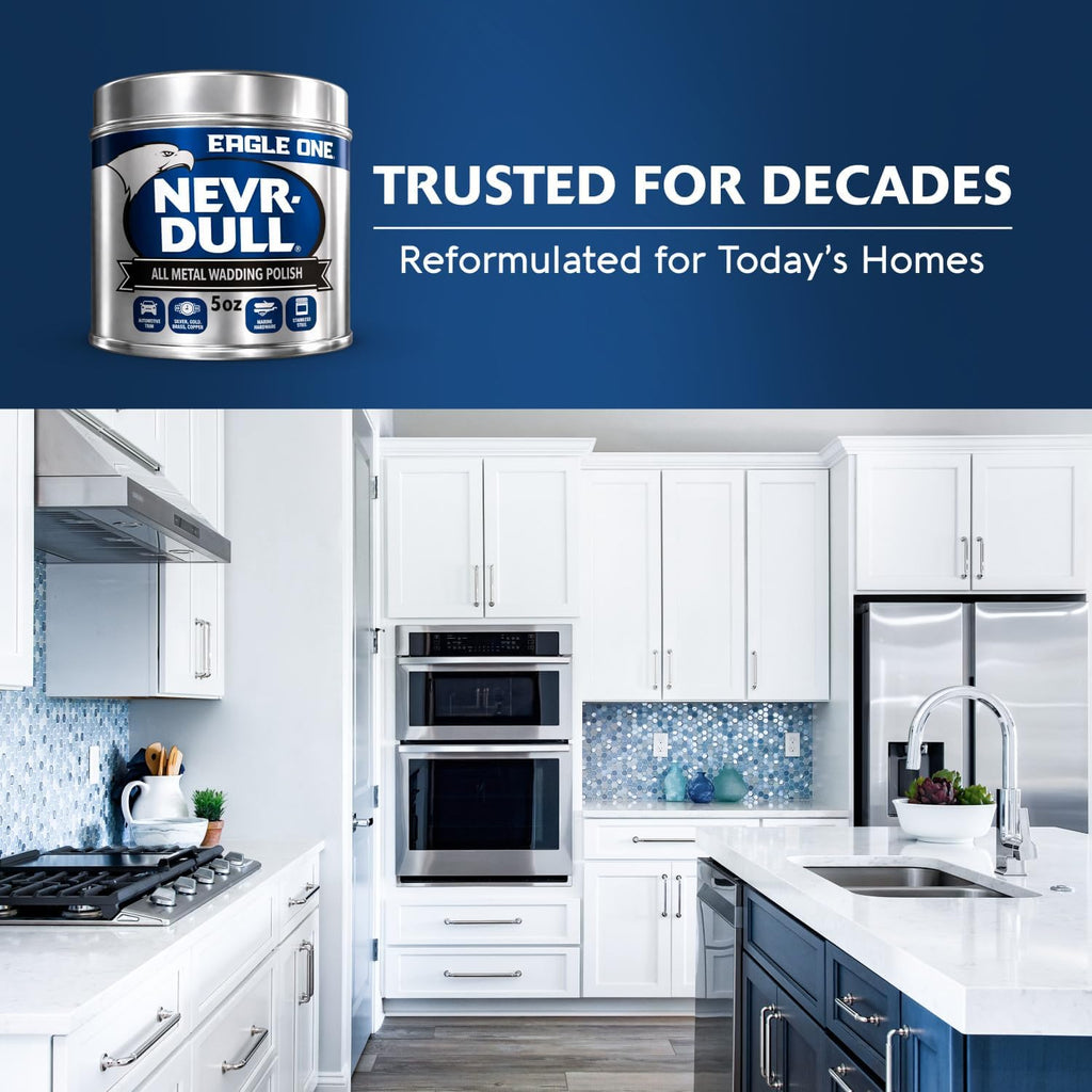 Eagle One Nevr Dull All Metal Wadding Polish, Chrome and Metal Cleaner for Cars, Kitchens, Bathrooms, Easy Tear Pads for Stainless Steel, Brass, Copper, Aluminum, 5 oz Tin