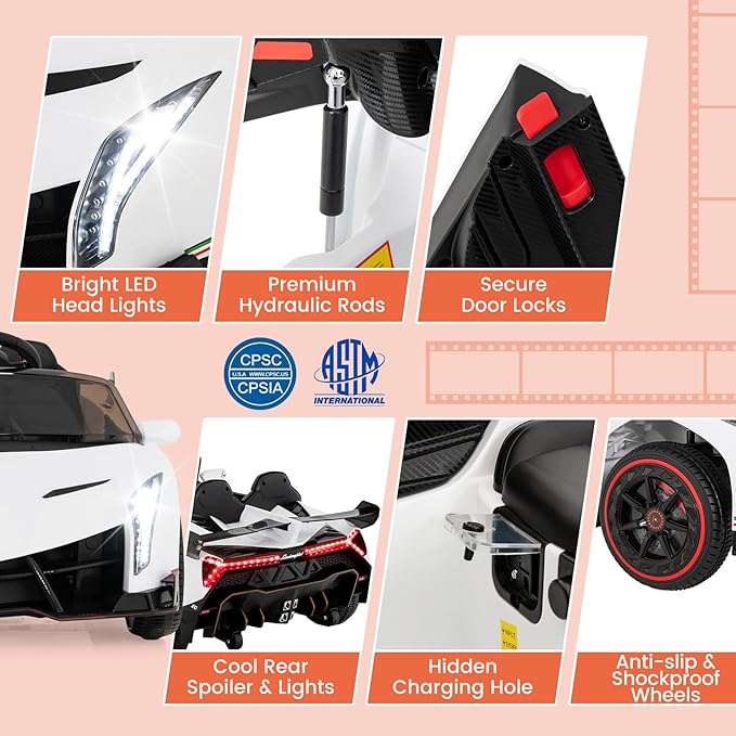 Costzon Ride on Car, Lamborghini Licensed 12V Battery Powered 4WD Sports Car - Image 7