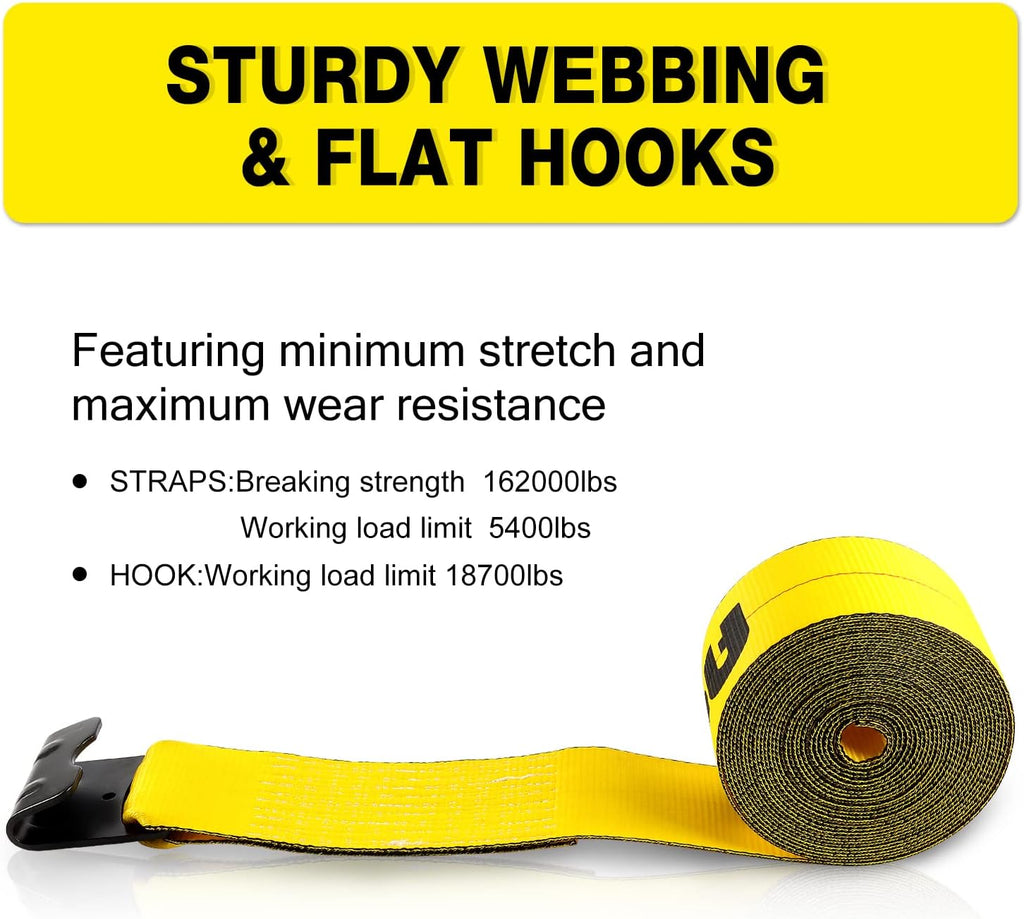 4" x30' Winch Straps with Flat Hook Flatbed Tie Downs Truck Straps 16200 lbs Load Capacity Cargo Control for Flatbeds, Trucks, Trailers, Farms, Rescues, Tree Saver, Yellow(2 Pack)