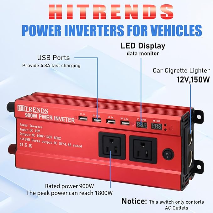 HITRENDS 900W Car Power Inverter 12V to 110V, DC to AC Converter - Image 2