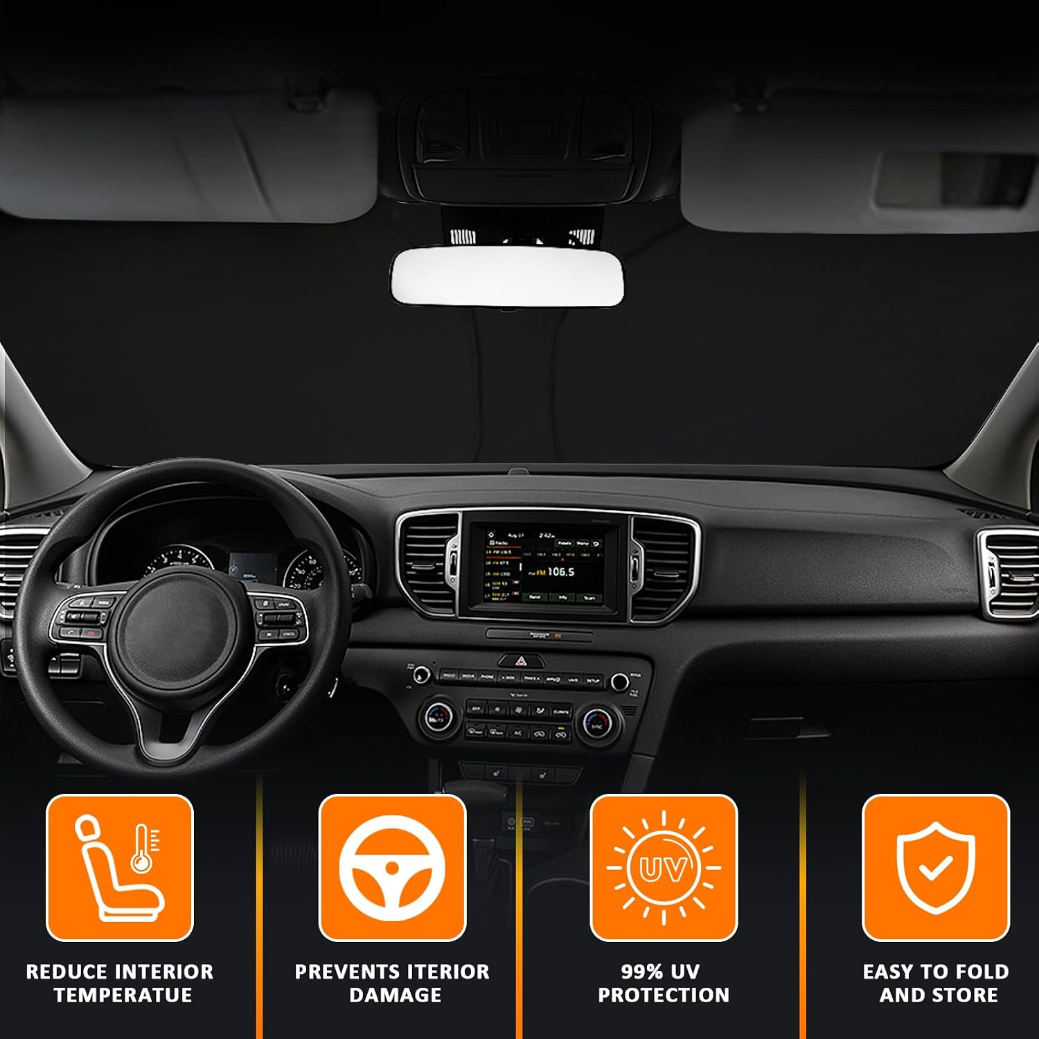 D-Lumina Windshield Sun Shade for 2017-2022 Kia Sportage, Foldable Front Sun Visor Protector Blocks UV Rays, Window Sunshade Sun Visor Interior Accessory Pack & Unpack Easily, Silver & Black