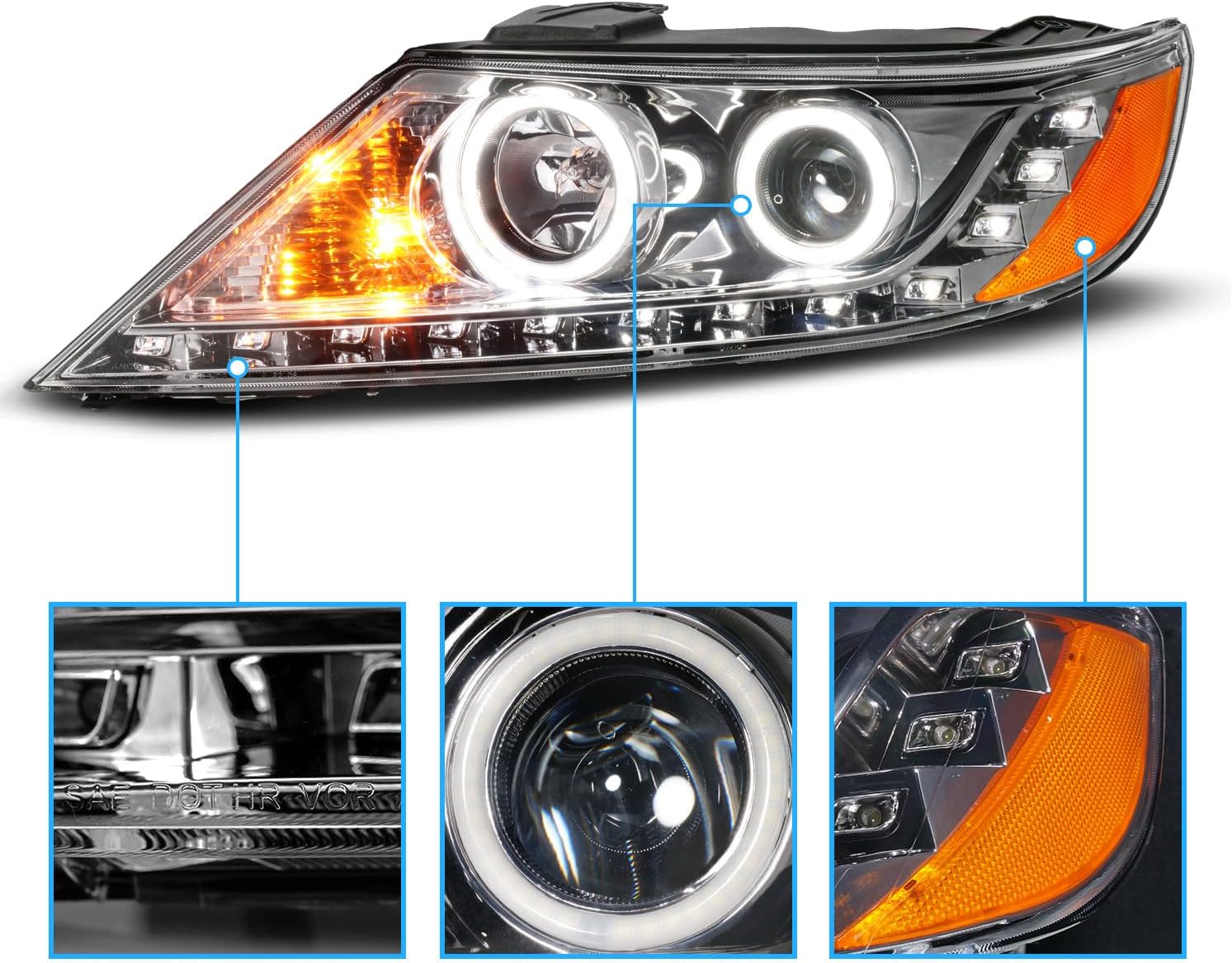 AmeriLite for 2011-2013 Kia Sorento Xtreme LED Halo Rings Gun-Metal Projector Headlights Set - Passenger and Driver Side