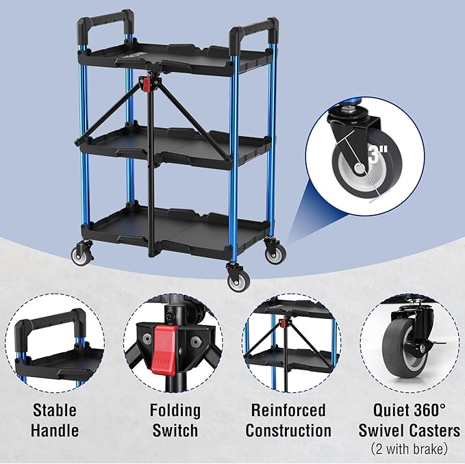 WORKPRO 3-Tier Collapsible Service Cart, 210 LBS Foldable Utility Service Cart - Image 5