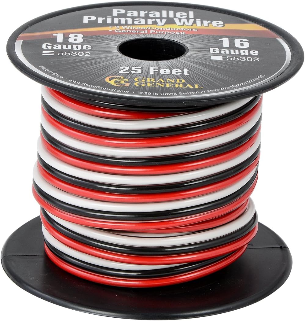 GG Grand General 55302 Parallel Primary 3-Wire 25ft Roll with Spool for trucks, automobile and more –Black, Red & White