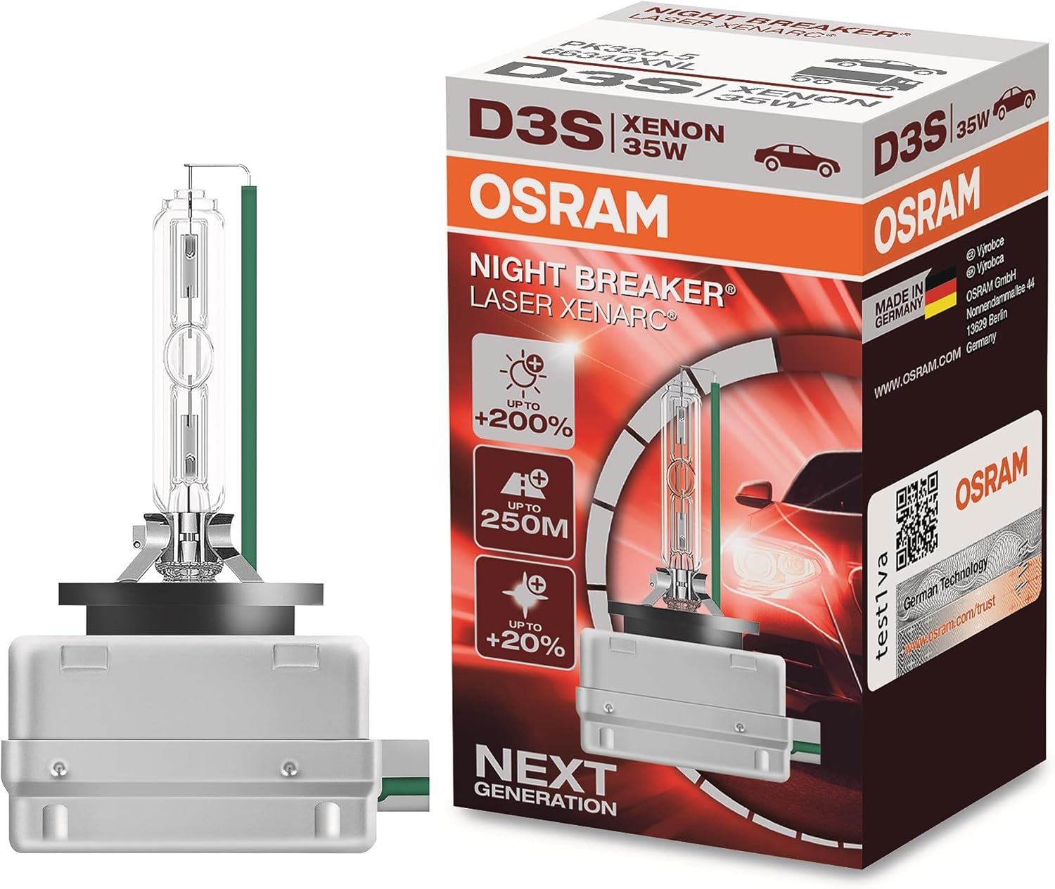 OSRAM XENARC NIGHT BREAKER LASER D3S, 200% more brightness, HID xenon bulb, discharge lamp, 66340XNL, folding box (1 lamp)