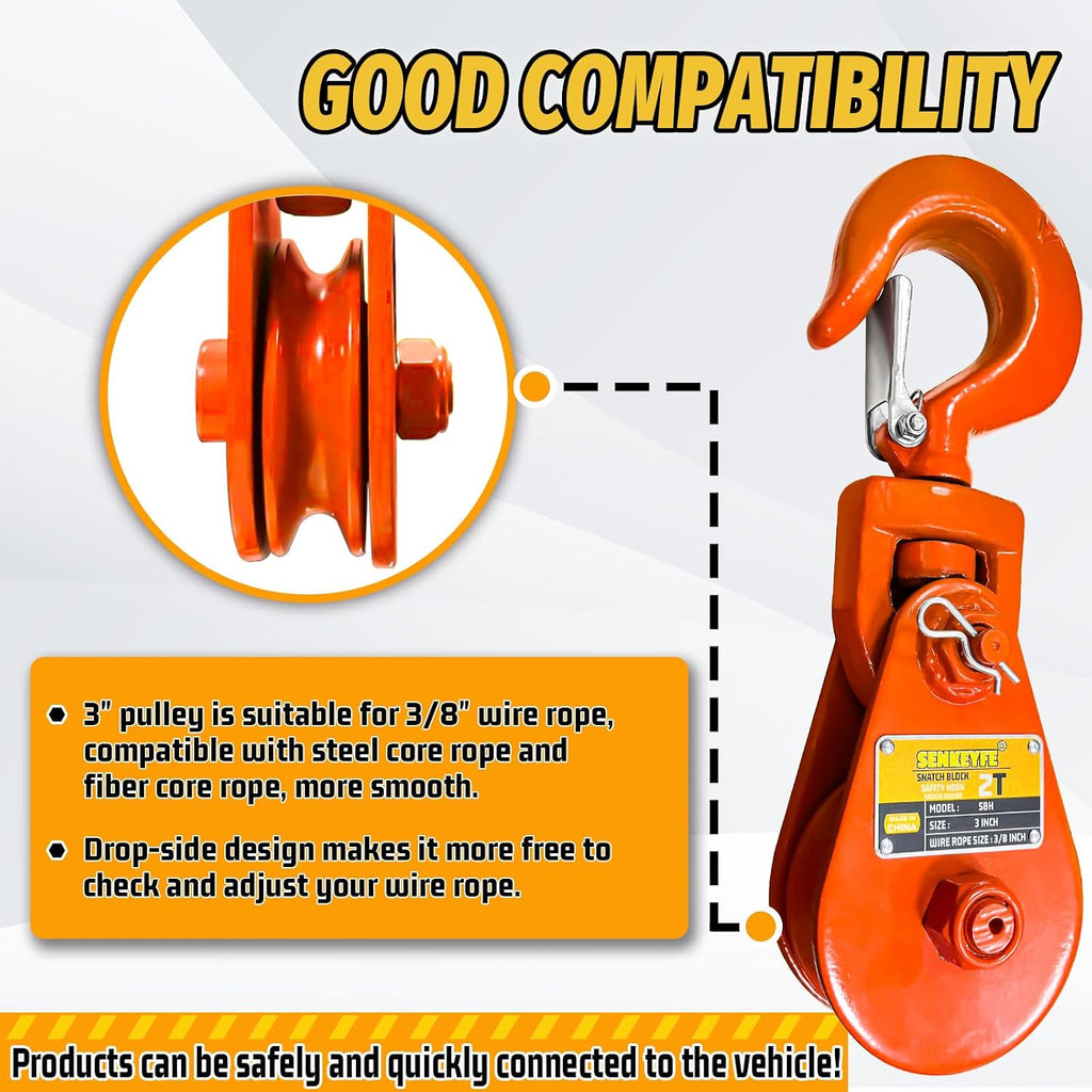 Snatch Block with Hook, Snatch Block 2 Ton WLL, 3" Sheave for 3/8" Wire Rope, Snatch Block Pulley for Rollback Wrecker Car Hauler, Tow Truck Accessories, Winch Accessories, Deep Orange Color