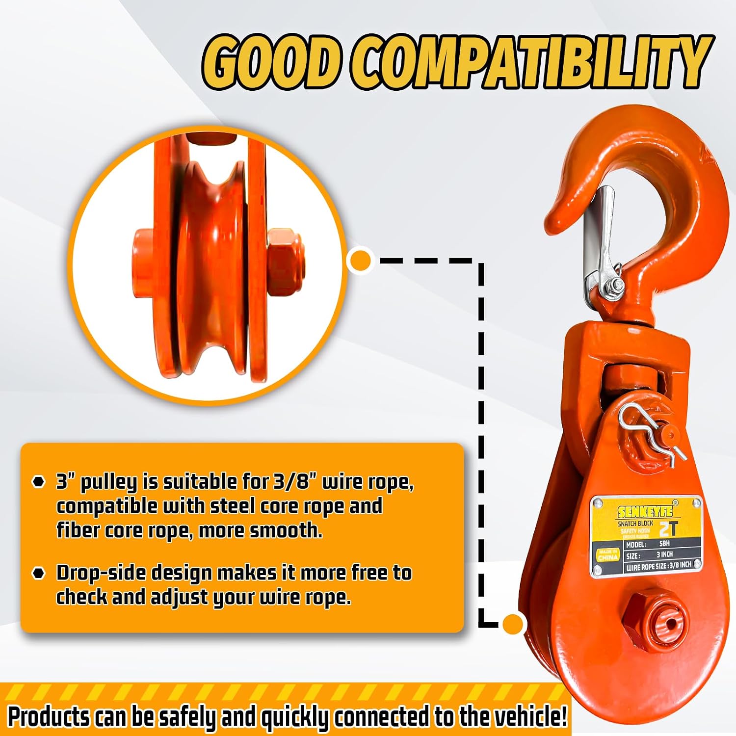 Snatch Block with Hook, Snatch Block 2 Ton WLL, 3" Sheave for 3/8" Wire Rope, Snatch Block Pulley for Rollback Wrecker Car Hauler, Tow Truck Accessories, Winch Accessories, Deep Orange Color