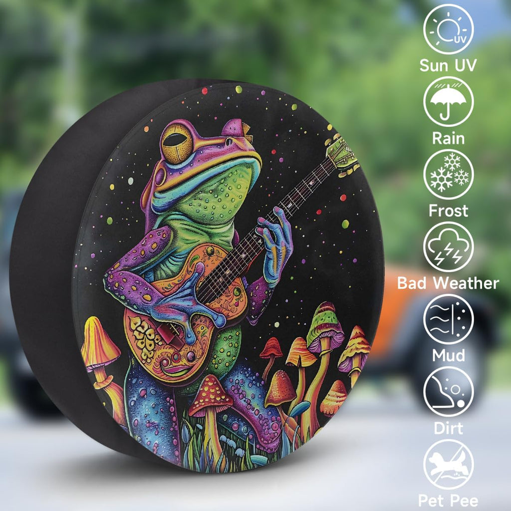 Frog Mushroom Guitar RV Camping Spare Tire Covers Weatherproof Dustproof Tire Covers, for Travel Trailer Camper Jeep RV SUV Truck,Wheel Protectors Cover Fit 14 Inch