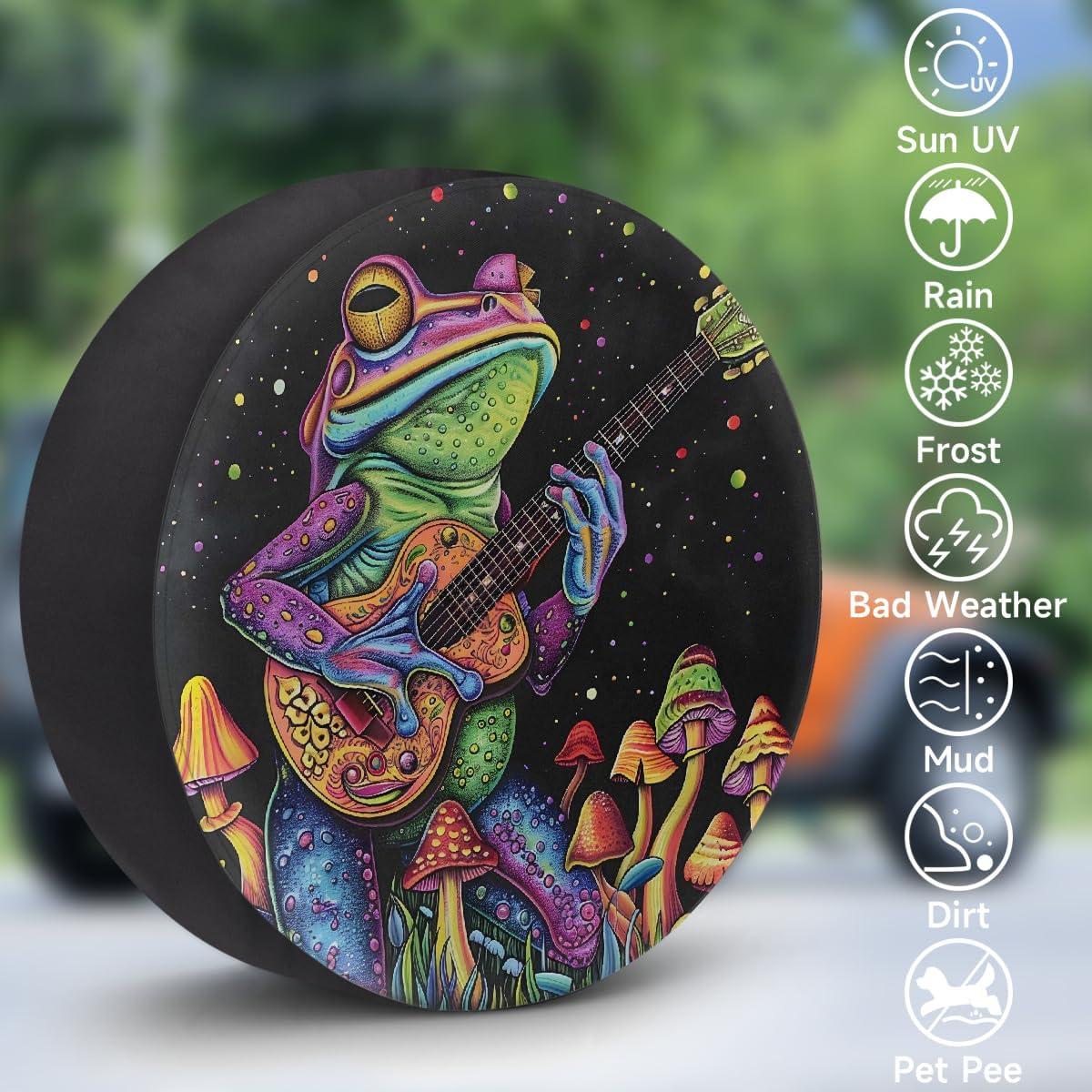 Frog Mushroom Guitar RV Camping Spare Tire Covers Weatherproof Dustproof Tire Covers, for Travel Trailer Camper Jeep RV SUV Truck,Wheel Protectors Cover Fit 14 Inch