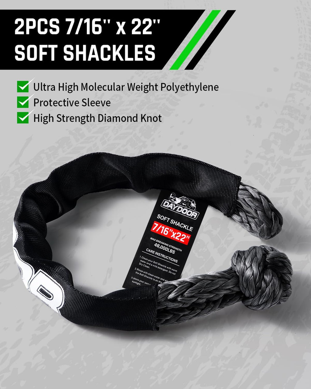 DAYDOOR Recovery Tow Rope Kit with 2 Soft Shackles, 7/16 Inch x 30 ft 31,200 Lbs UHMWPE Tow Strap, Synthetic Towing Rope Recovery Kit for ATV, UTV, SUV, Cars (Green)