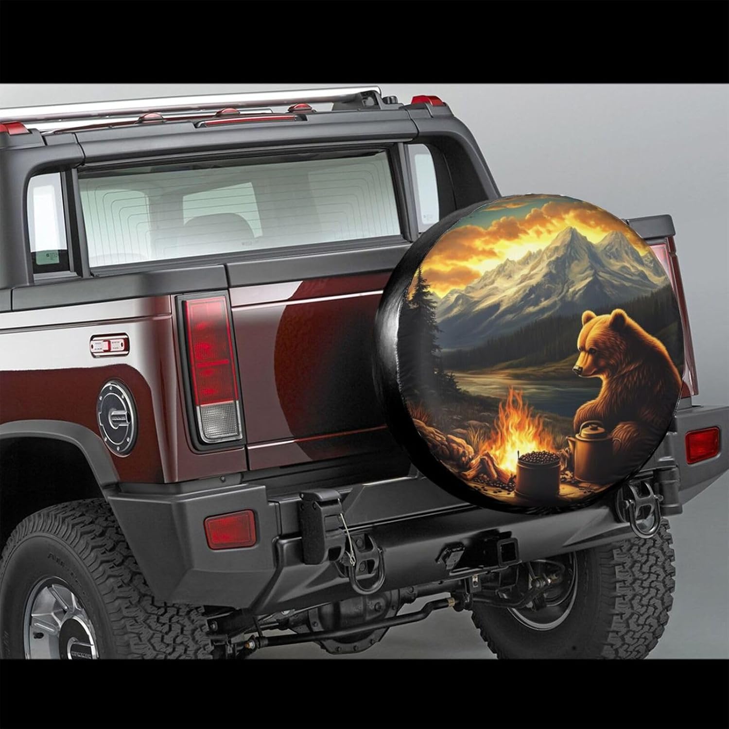 Bear with Mountains Spare Tire Cover for Trailer Rv SUV Truck Camper,Funny Cute Tire Cover Waterproof Wheel Protectors for Camping Outdoor Travel,Universal Fit,15 inch