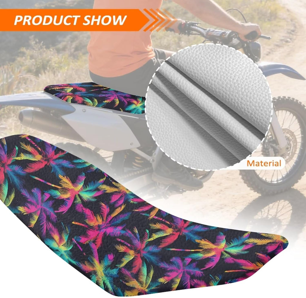 Pensura Seat Cover for Dirt Bike Colorful Beach Palm Tree Gripper Enduro Motocross Seat Cushions UV-Resistant Faux PU Leather Dirt Pit Bikes Cushion Covers for Motocross Enduro Electric Bikes