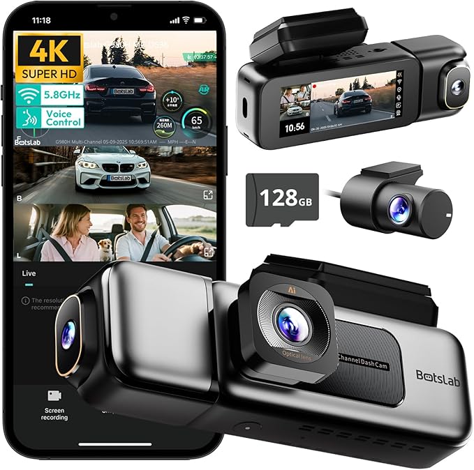 4K 3 Channel Dash Cam Front and Rear/Inside, 360°Dash Camera