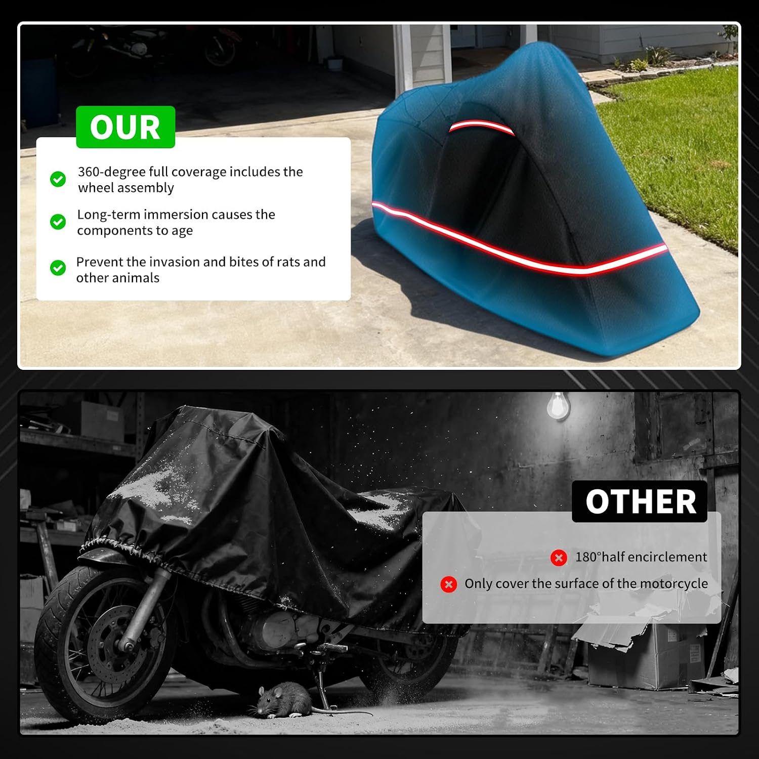 Full Enclosed Motorcycle Cover - Waterproof for Outdoor & Indoor Storage,600D Heavy Duty with Reflective Strips,Fits Scooters & Touring Motorcycles up to Length 108" x 45" x 59" Black