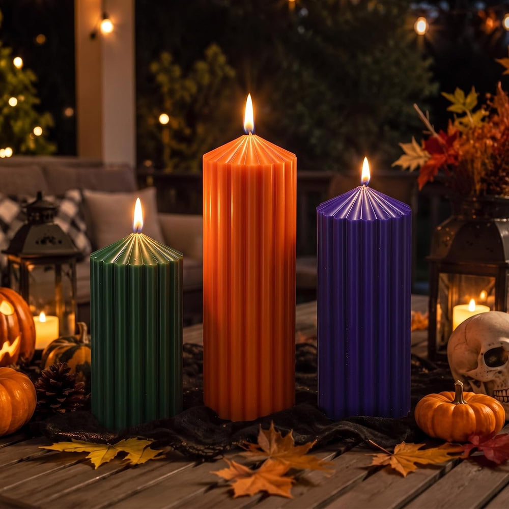 Mtlee 3 Pack Halloween Ribbed Pillar Candles Green Purple Orange Candles