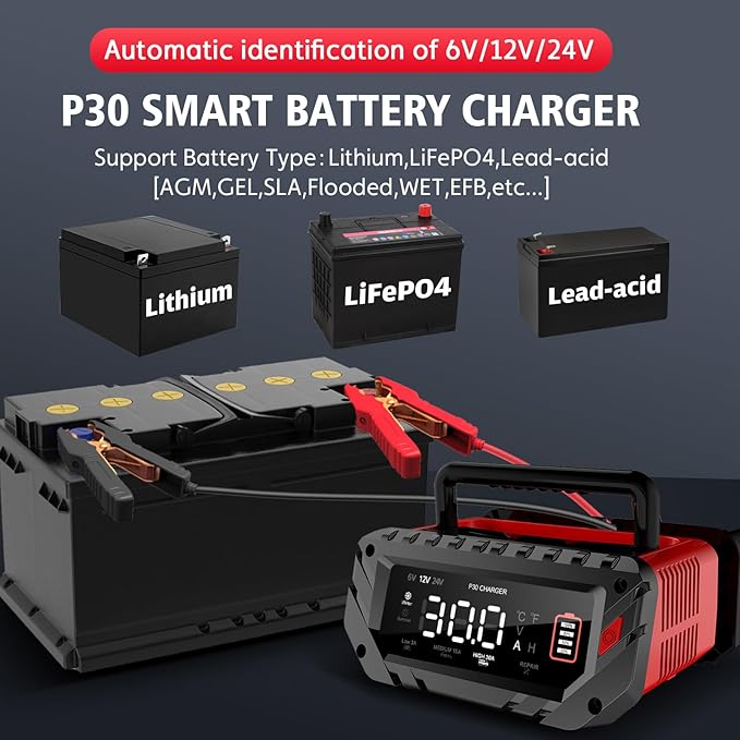 30-Amp Car Battery Charger, 6V/12V/24V Smart Automatic Automotive Charger - Image 2