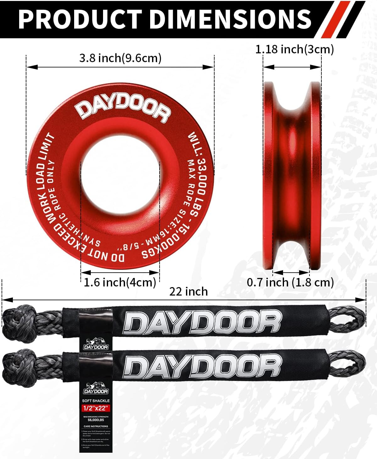 DAYDOOR 56,000 LBS Soft Shackle Recovery Kit, 1/2" x 22" (2-Pack) with 7075 Aluminum Snatch Ring, Winch Accessory for Jeep Wrangler, Bronco, 4Runner, Tacoma, ATV/UTV/Jeeps/SUVs, 4x4 Off-Road(Gray)