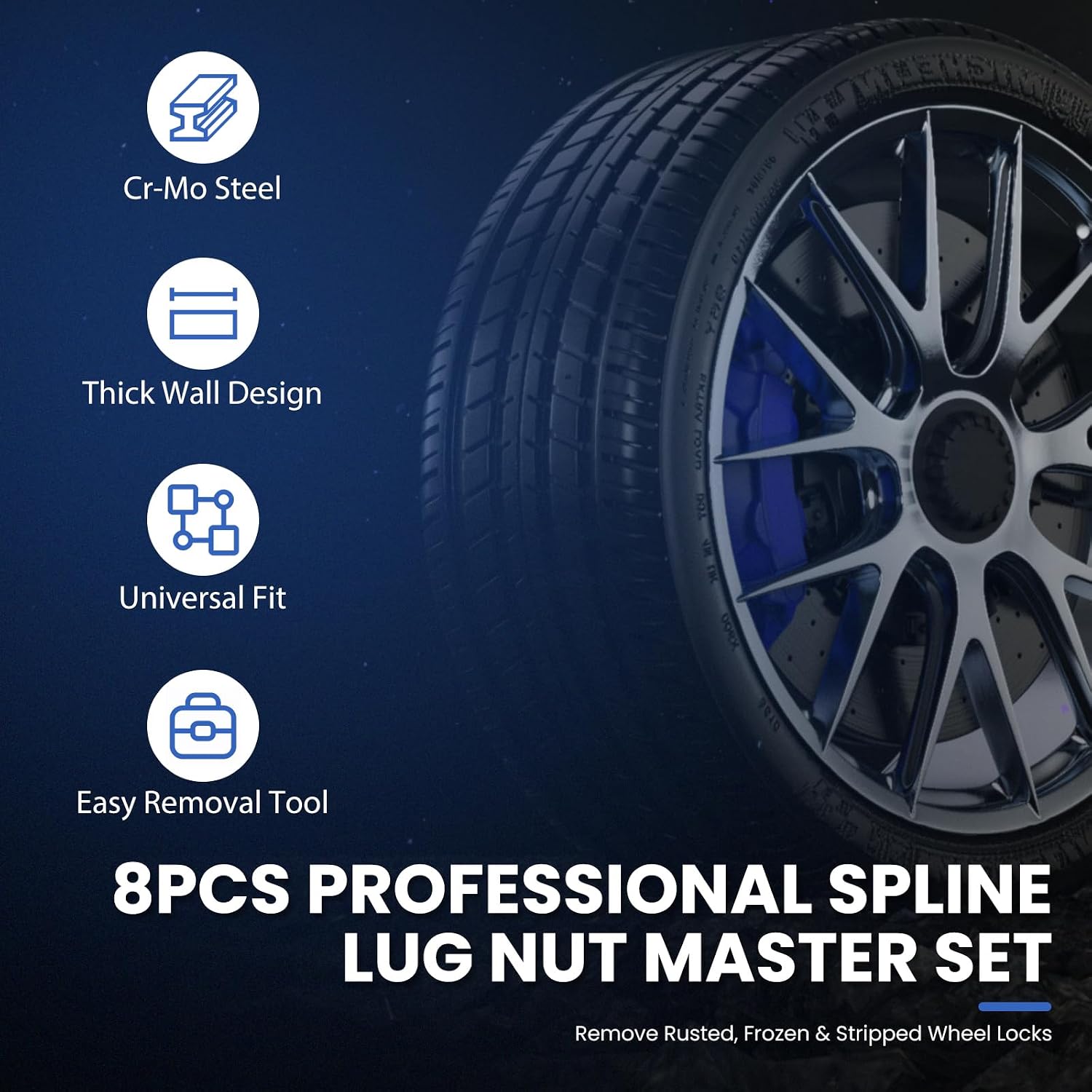 8PCS Spline Lug Nut Socket Set, CR-MO Universal Wheel Lock Removal Tool & Master Key Kit for Automotive Locking Lug Nuts, 5/6/7/12 Spline