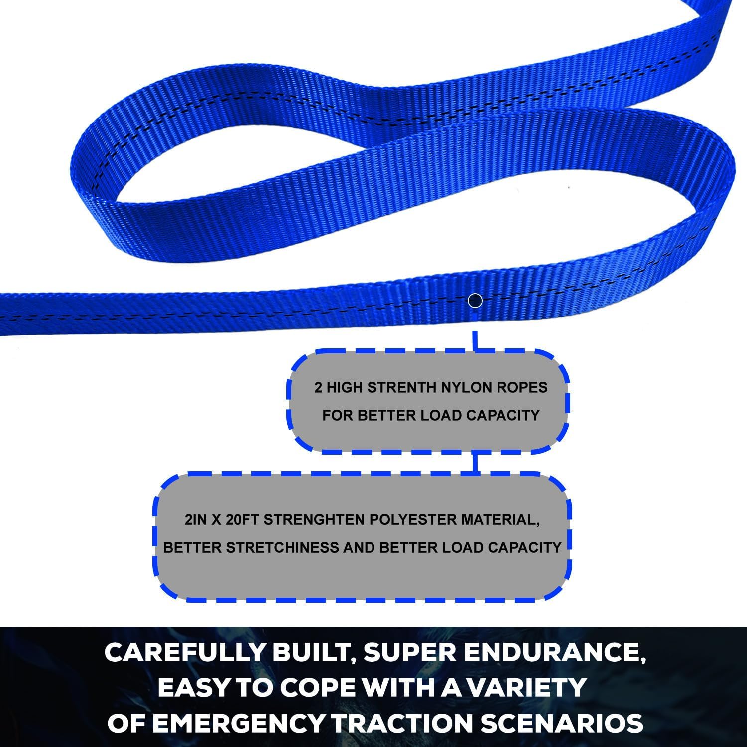 Nylon Tow Strap with Hooks Heavy Duty, 2”x20’(20,000lbs) Recovery Rope Car Tow Strap for UTV, ATV, Truck(Blue)