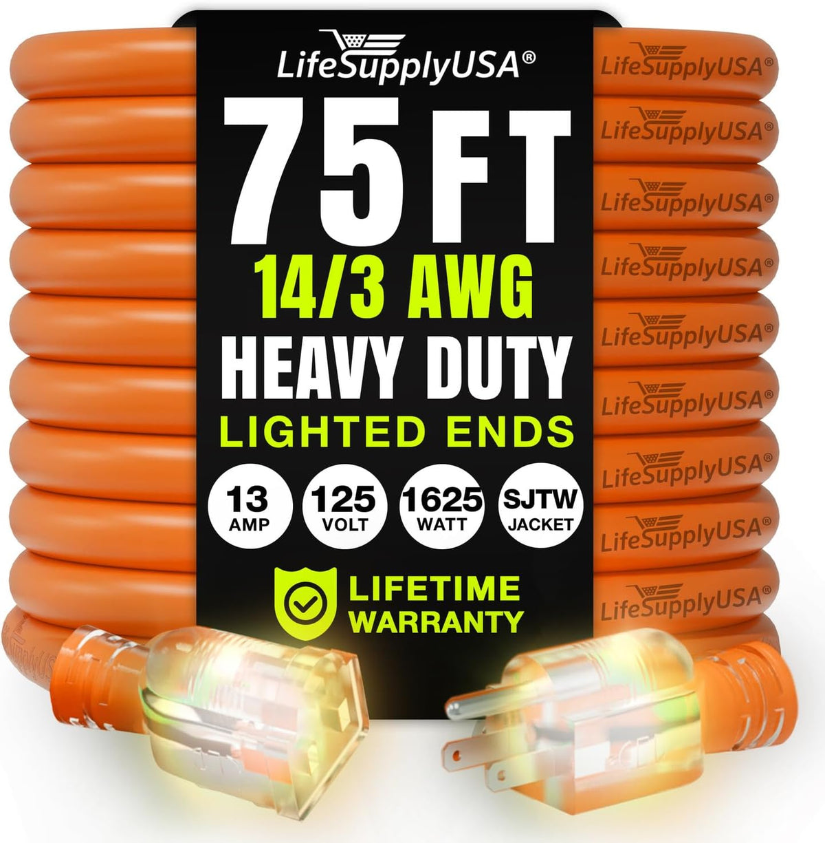 75ft Outdoor/Indoor Extension Cord 14/3 Gauge Heavy Duty 3 Prong SJTW,