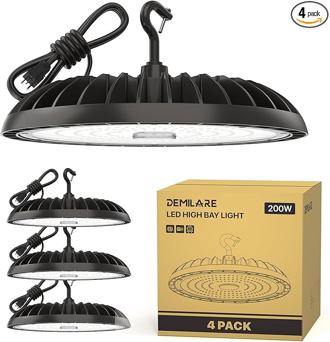 200W 4 Pack LED High Bay Light 30000 lm, 5000K UFO High Bay Led Shop Lights ETL by DEMILARE
