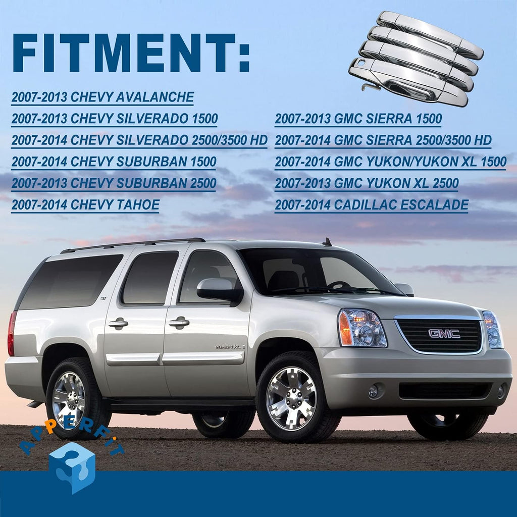 APPERFiT Upgraded Exterior Door Handles Chrome Compatible with 2007-2013 Chevy Chevrolet Silverado 1500 2500 3500 Suburban Tahoe Avalanche, GMC Sierra Yukon, Cadillac Escalade