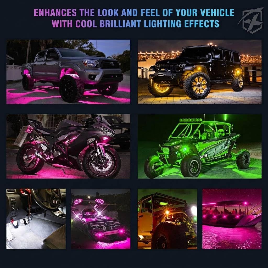 Xprite Colorful LED Rock Lights Kit with Bluetooth & Wireless Remote Controller, Multicolor Cars Underglow, Wheel, Footwell Neon Light Kits, for Off-Road UTV ATV Trucks SUV Motorcycle Boats - 10 Pods