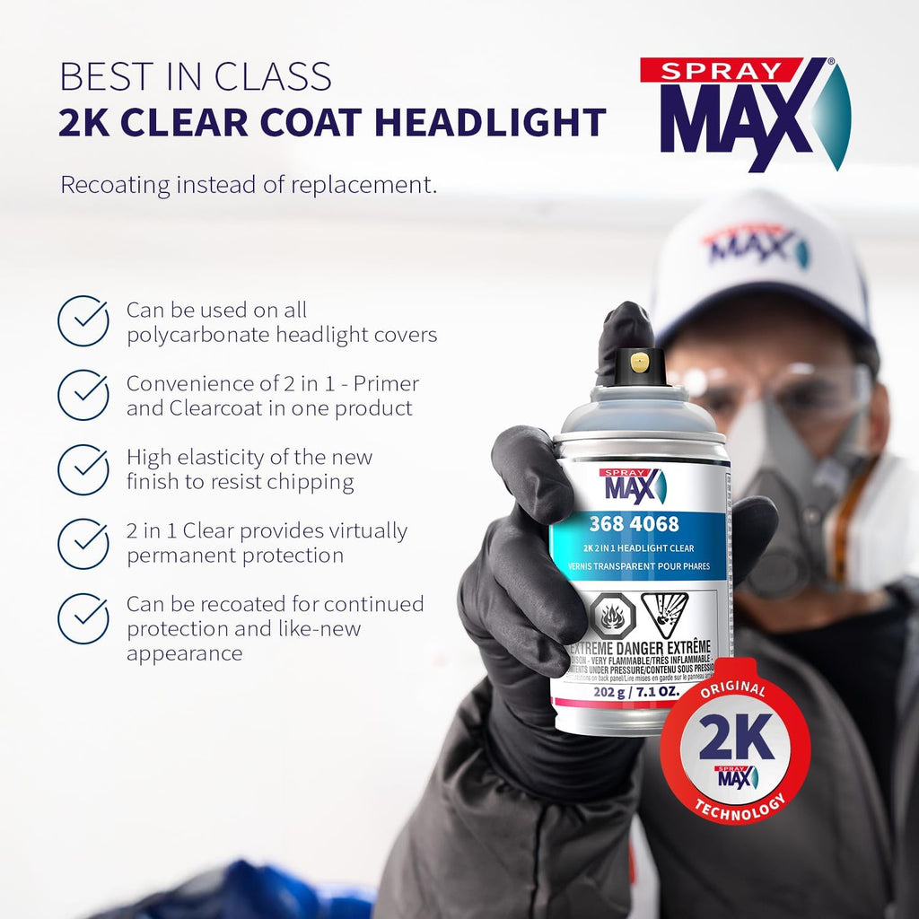SprayMax 2K 2in1 Headlight Clear Coat | Professional Headlight Restoration Spray & UV Coating Protection | Fixes Scratches, Yellowing & Foggy Headlights | Crystal Clear & Durable Finish | 7.1 oz