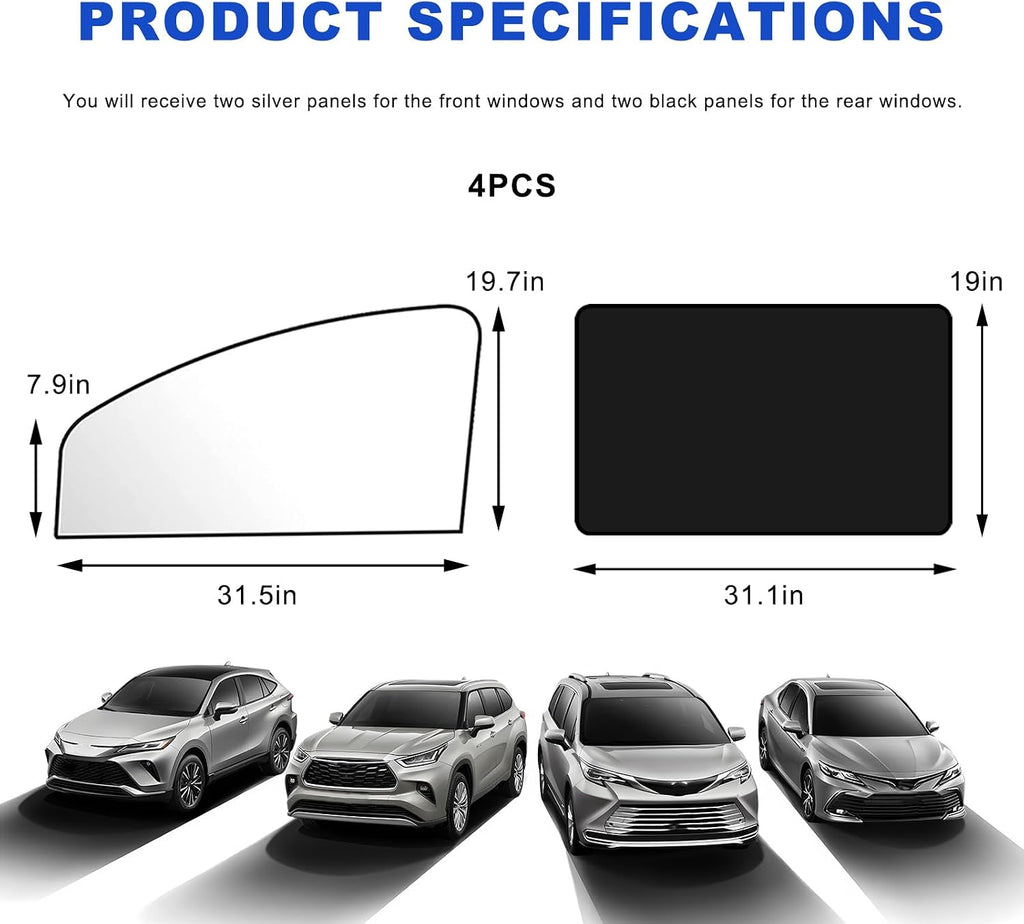 4 PCS Car Side Window Sun Shades, Magnetic Auto Side Window Sunshade Protects from Heat and UV Rays, Magnetic Sun Blocker Windows Cover for Most Vehicles, Car Accessories (Front/Rear Window)