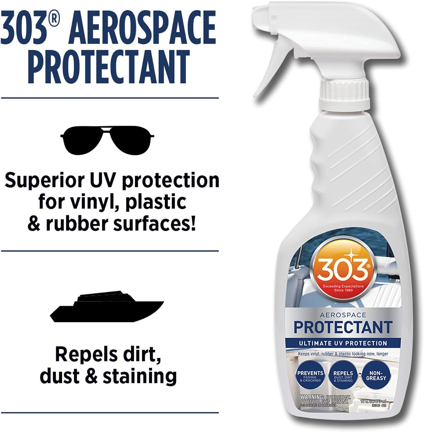303 Marine Aerospace Protectant for Boat Vinyl, 16 oz | Provides UV protection for marine vinyl and surfaces while helping prevent fading, cracking, and staining.