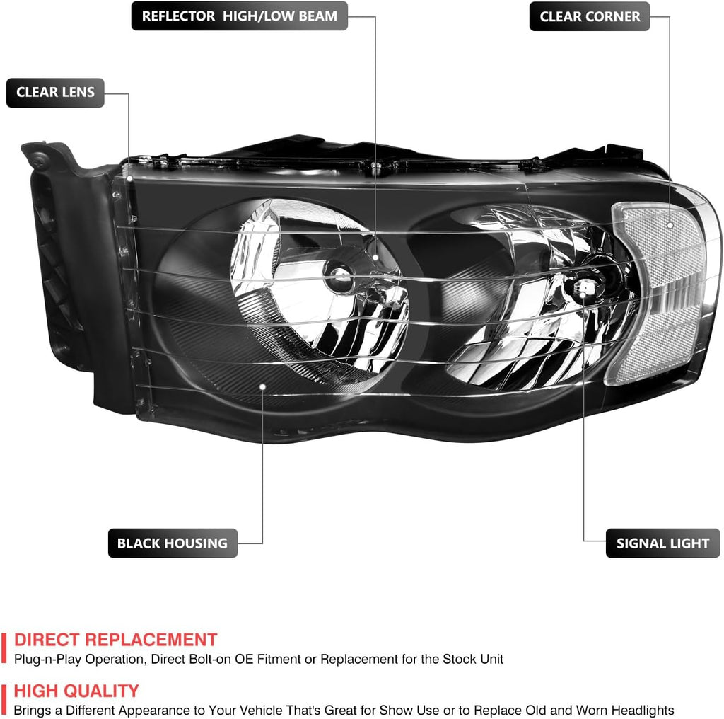 DNA MOTORING Pair Headlights Compatible with 02-05 Dodge Ram 1500 2500 3500, Left & Right, Black Housing Clear Corner, HL-OH-DR02-BK-CL1